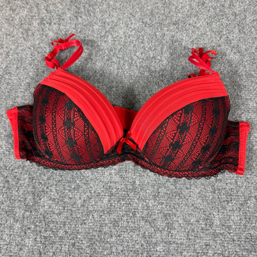 Jezebel Red Black Lace Push Up Bra Bow Straps Underwire 36C 85030